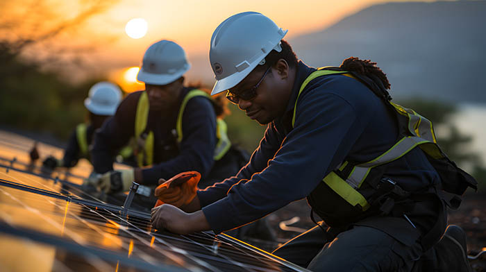 Travailleurs en train de mettre en place un panneau solaire