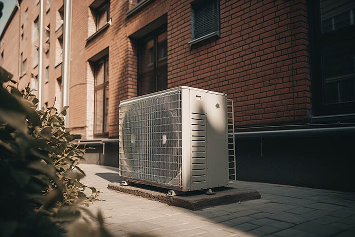 Pompe à chaleur devant un immeuble